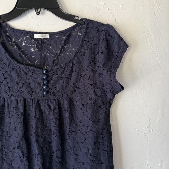 Studio Y Shirt Y2k Small Lace Floral Cap Sleeve Semi Sheer Babydoll Top - Picture 4 of 10